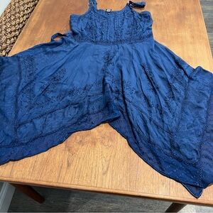My Choice  blue flowy dress woman XL indie hippie boho hankerchief skirt details
